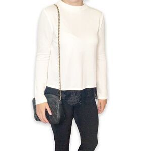 LOFT Outlet Light Sweater Winter White Cream Crew Neck Black Lace Hem Size Small